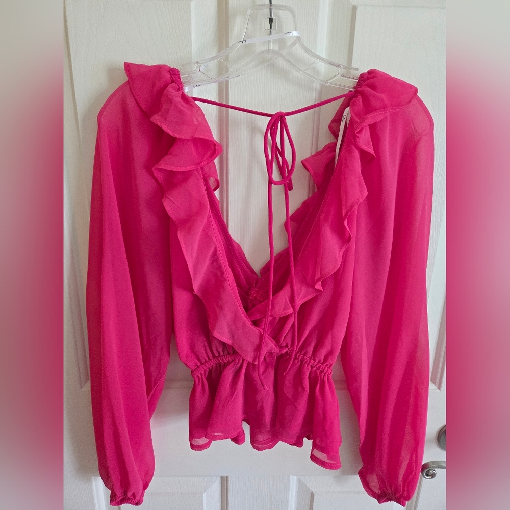 Lulu's Fuchsia Ruffle V-Neck Blouse - Picture 3 of 4